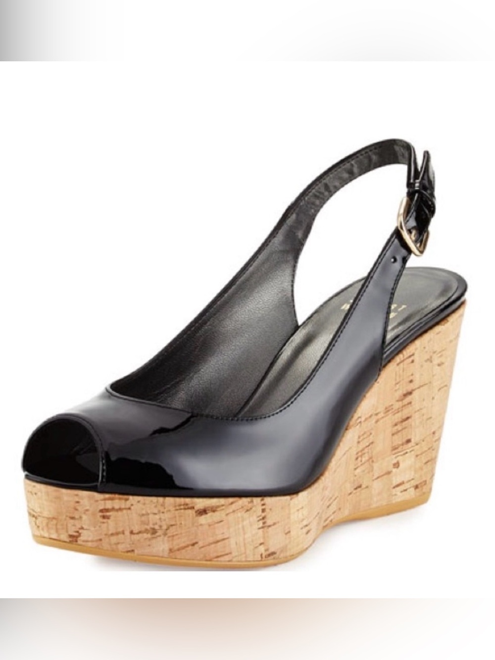 Stuart Weitzman Black Patent Cork Wedge peep toe Sandal Size 8